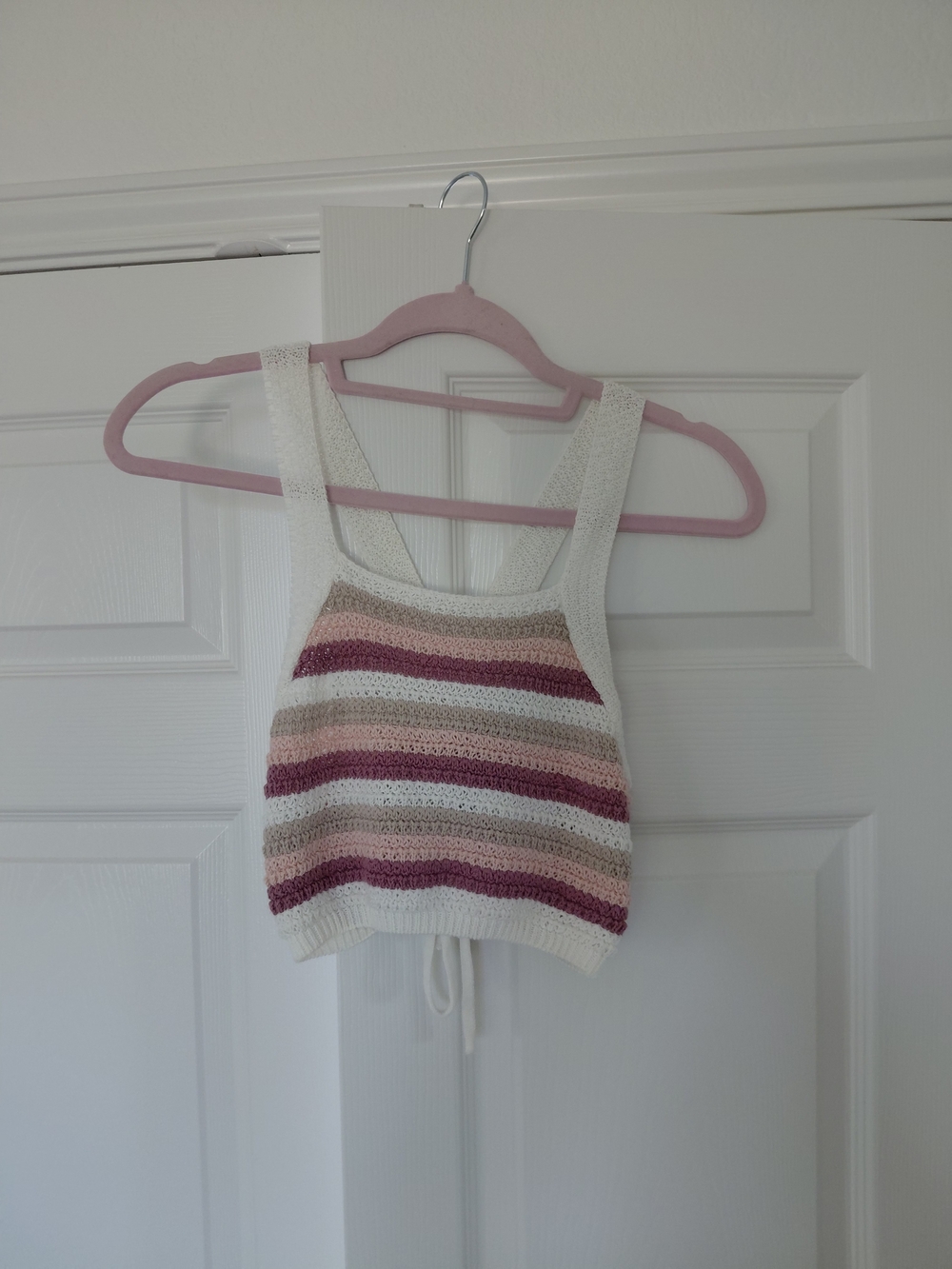 Crochet Stripe Tank Top in Cream and Pink